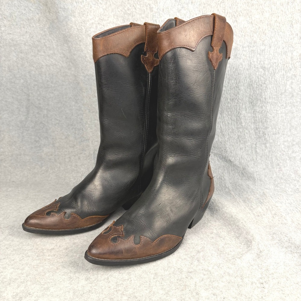 Vintage Made In Spain Cowboy Boots Womens 9 Black Brown Leather Western Ranch